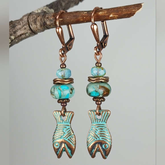 HAND CRAFTED Boho Turquoise Copper Fish Dangle Earrings - Picture 2 of 7